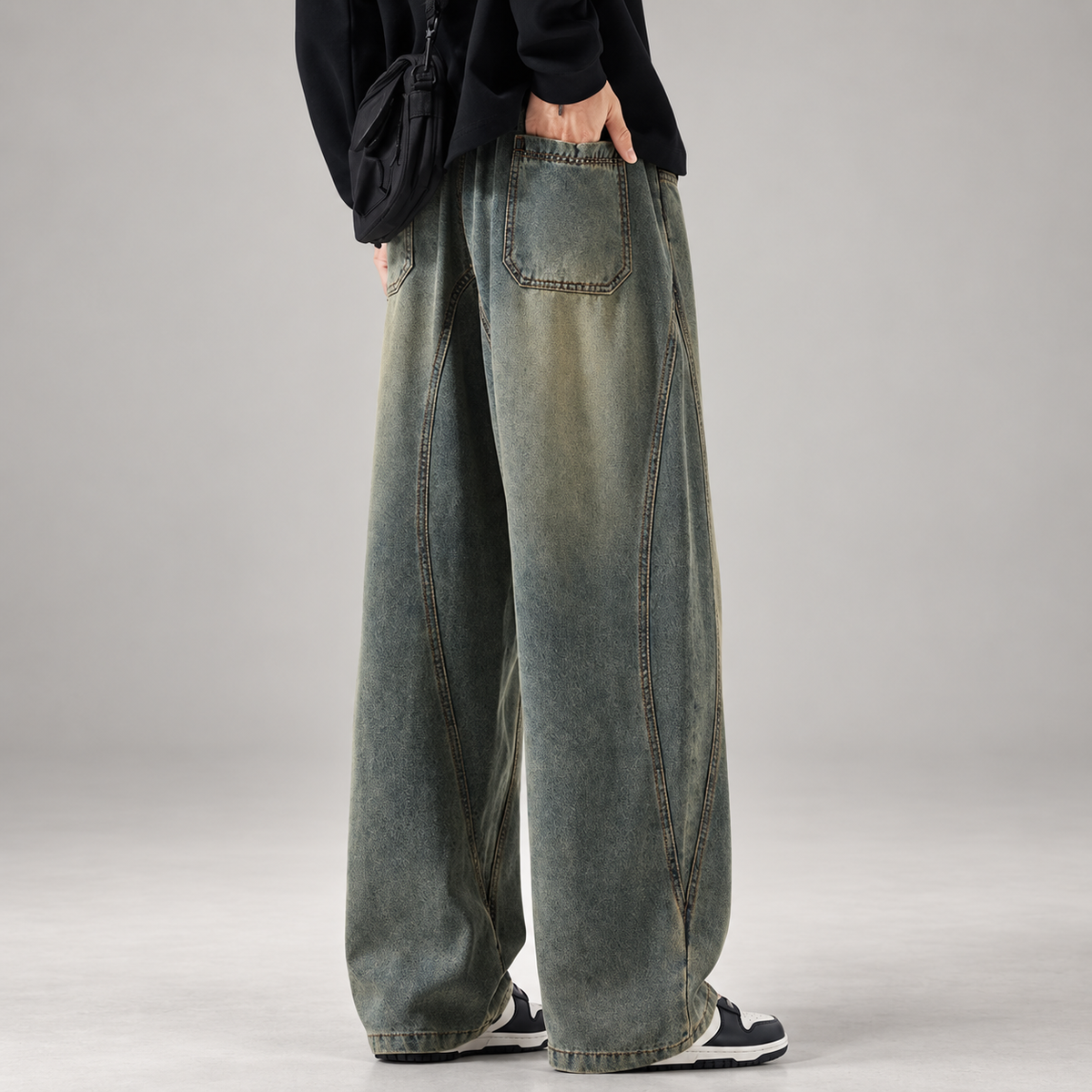 Enzo Men’s Curved-Panel Wide-Leg Drawstring Jeans