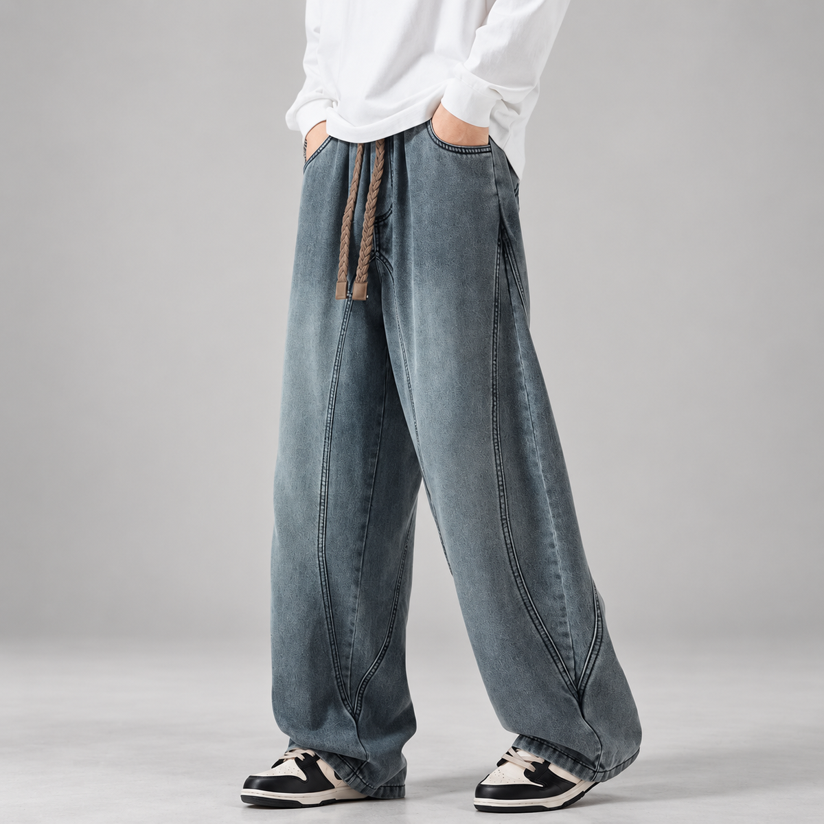 Enzo Men’s Curved-Panel Wide-Leg Drawstring Jeans