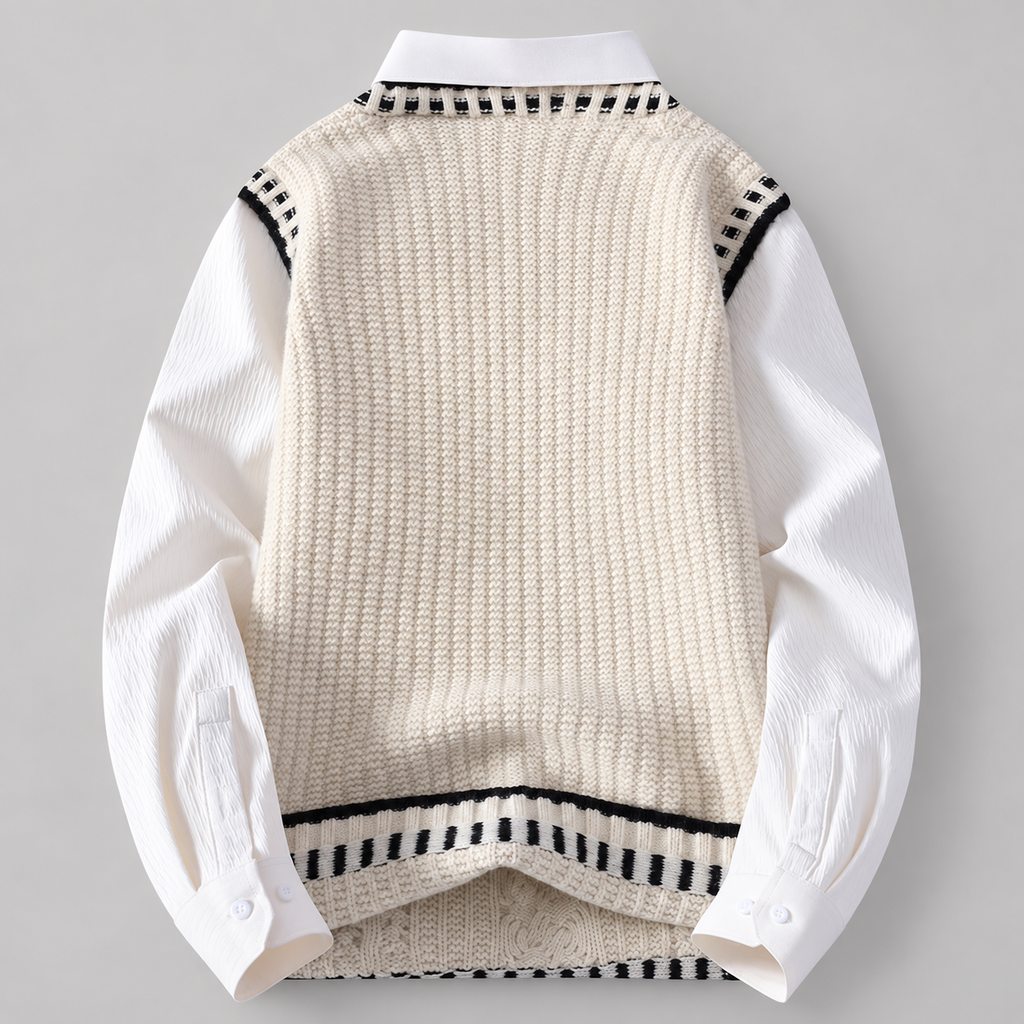 Gianni Men’s Layered-Look Cable-Knit V-Neck Sweater Shirt