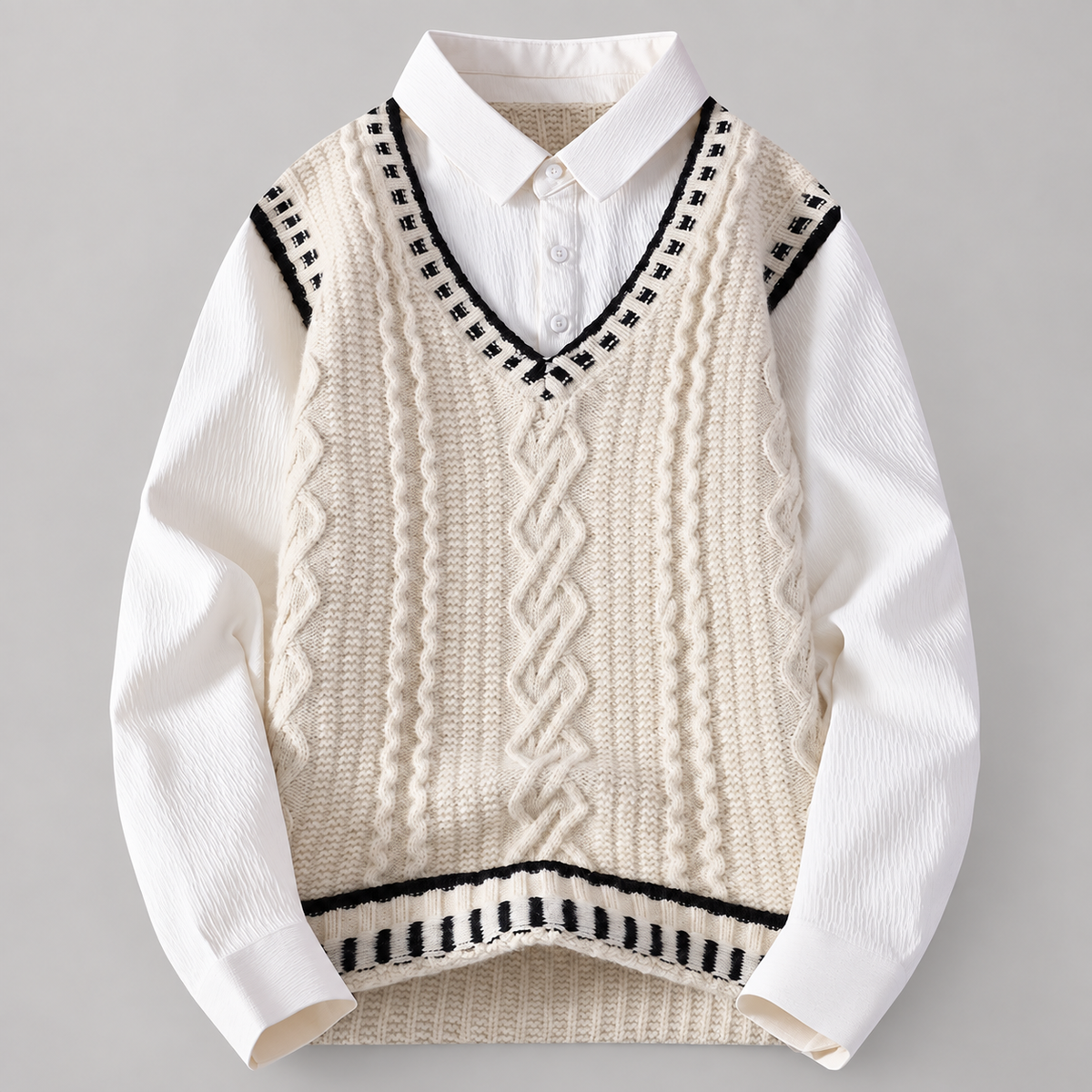 Gianni Men’s Layered-Look Cable-Knit V-Neck Sweater Shirt
