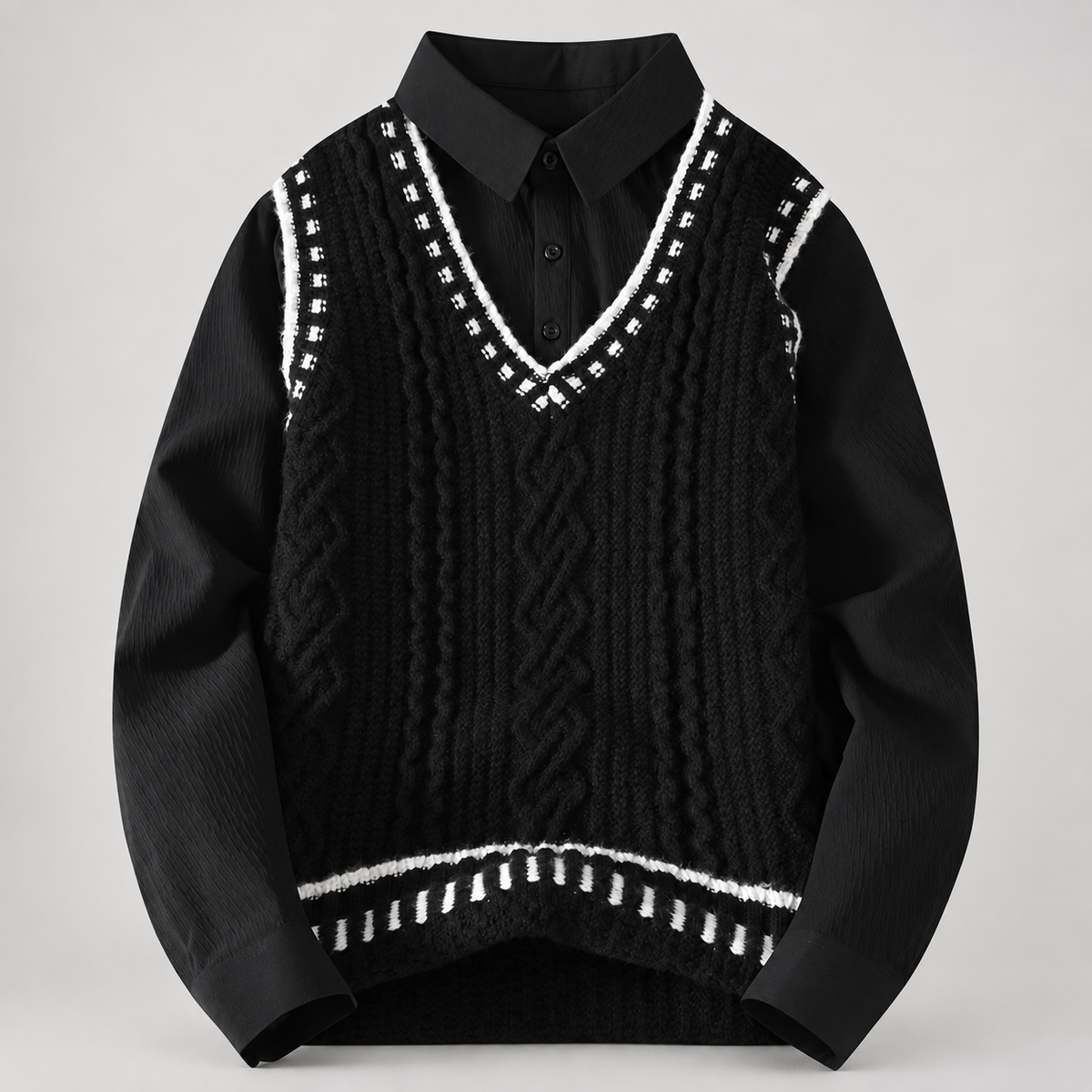 Gianni Men’s Layered-Look Cable-Knit V-Neck Sweater Shirt