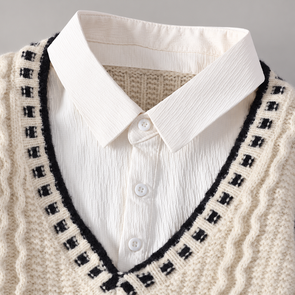 Gianni Men’s Layered-Look Cable-Knit V-Neck Sweater Shirt