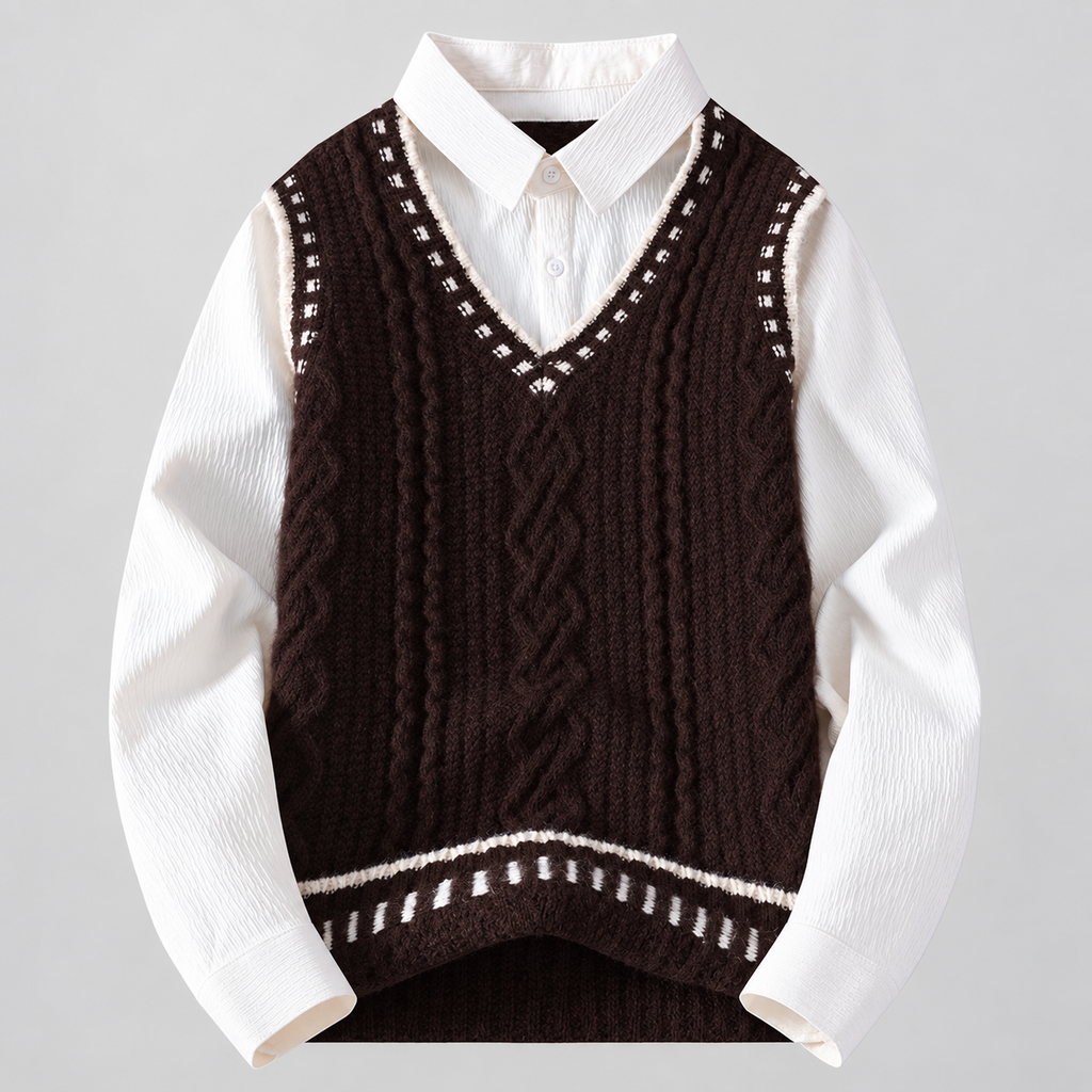 Gianni Men’s Layered-Look Cable-Knit V-Neck Sweater Shirt