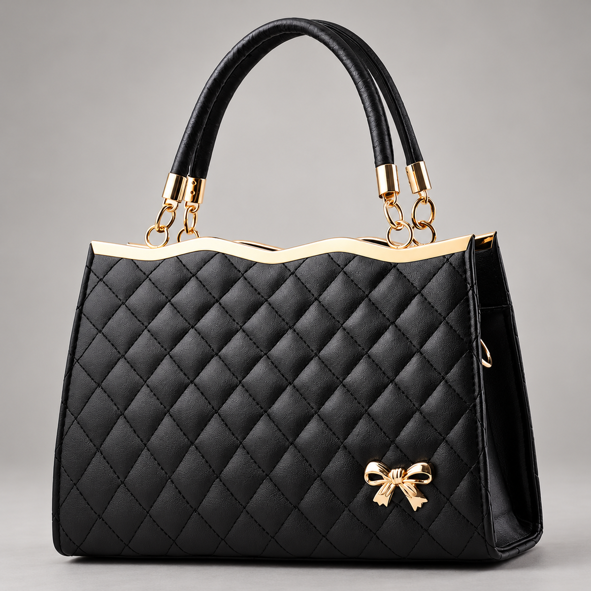 Sidonie Women’s Diamond Quilted Handbag with Gold Bow Detail