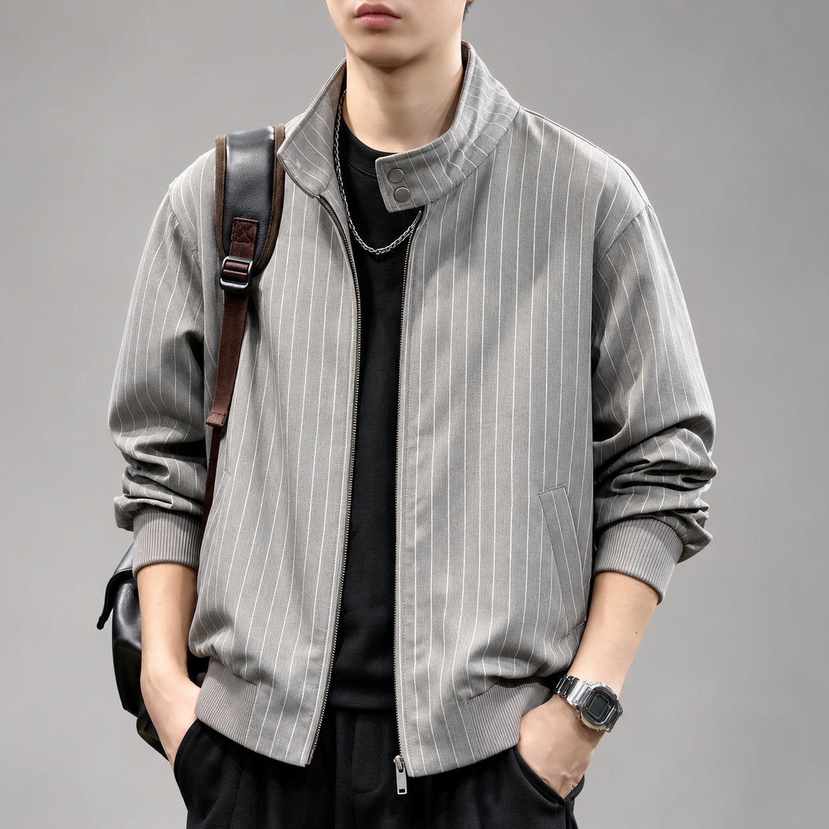 Digby Men's Pinstripe Zip-Up Jacket with Ribbed Trim