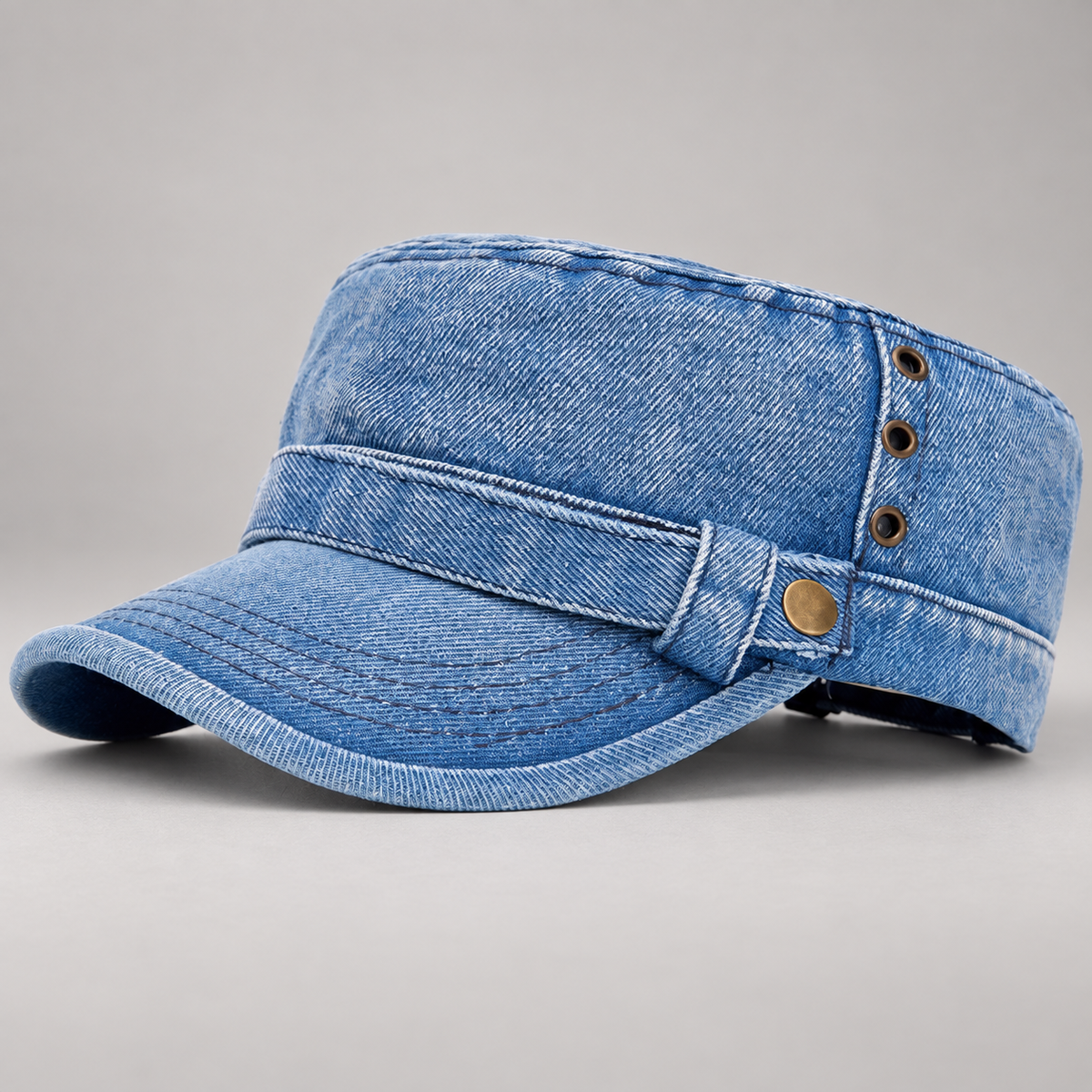 Grayson Washed Denim Cadet Cap with Metal Eyelet Details