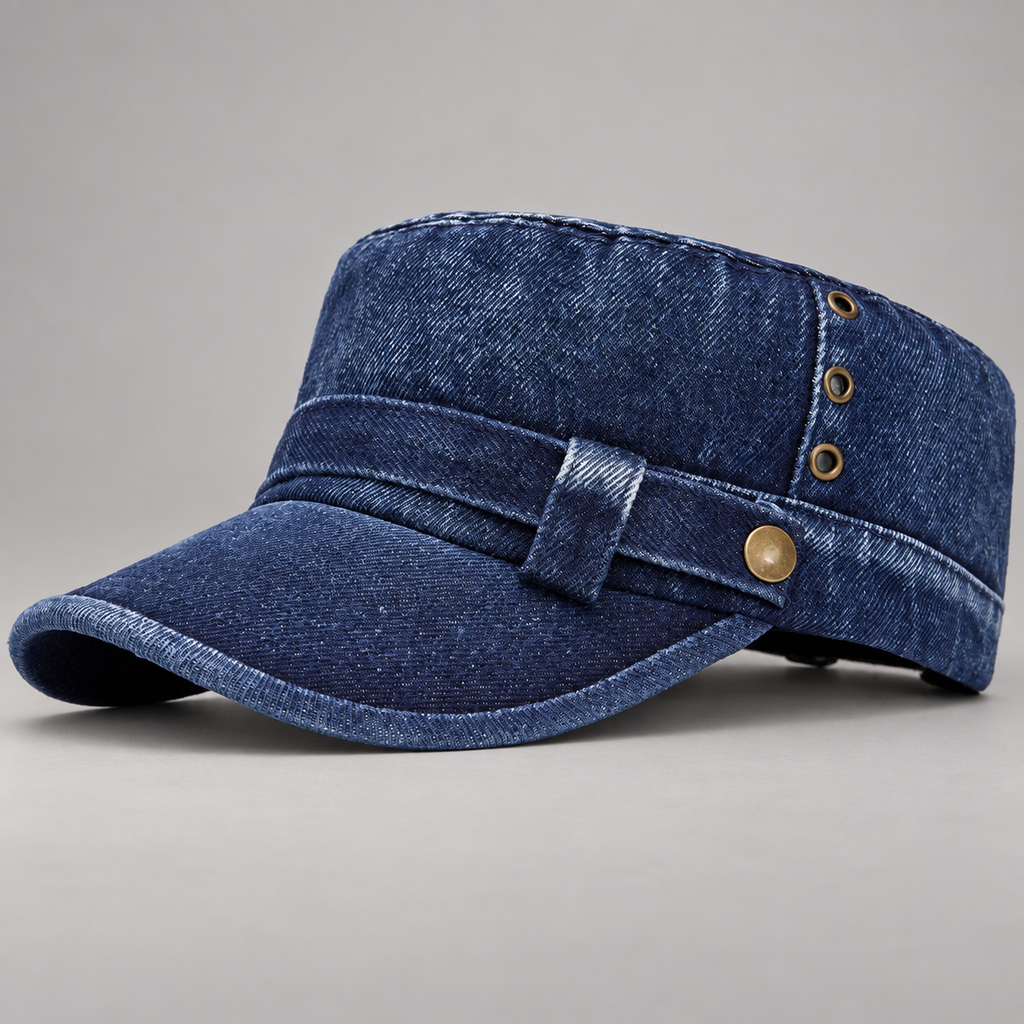 Grayson Washed Denim Cadet Cap with Metal Eyelet Details