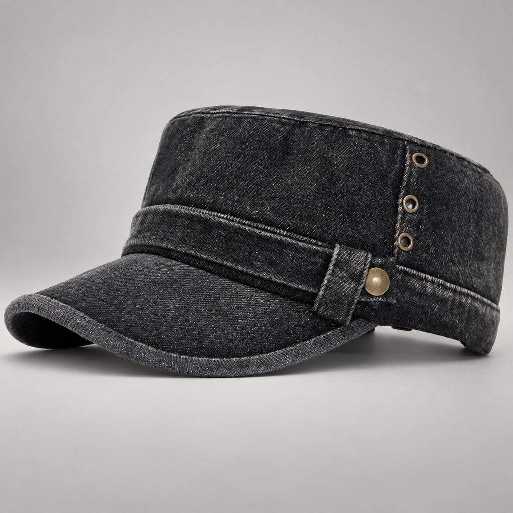 Grayson Washed Denim Cadet Cap with Metal Eyelet Details