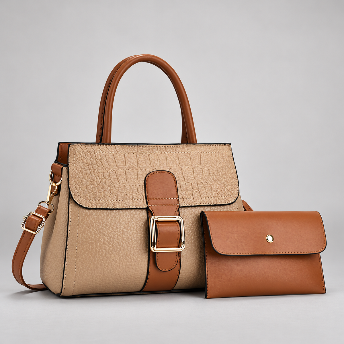 Ginevra Textured Satchel Bag with Gold-Tone Buckle and Pouch