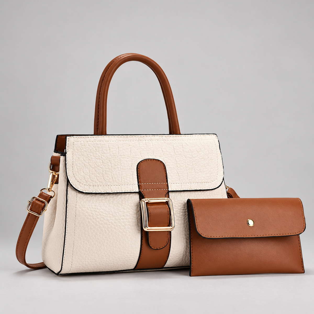 Ginevra Textured Satchel Bag with Gold-Tone Buckle and Pouch