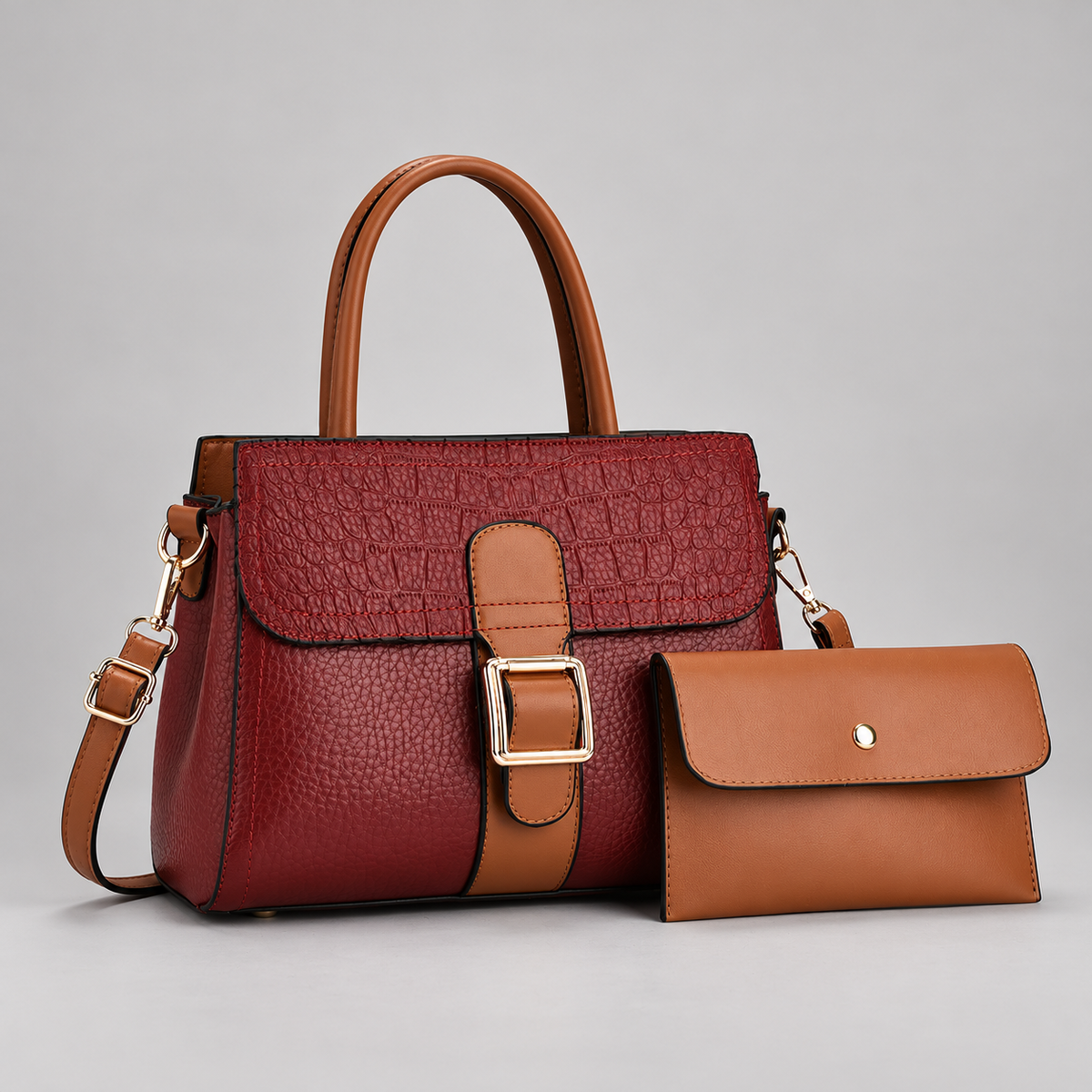 Ginevra Textured Satchel Bag with Gold-Tone Buckle and Pouch