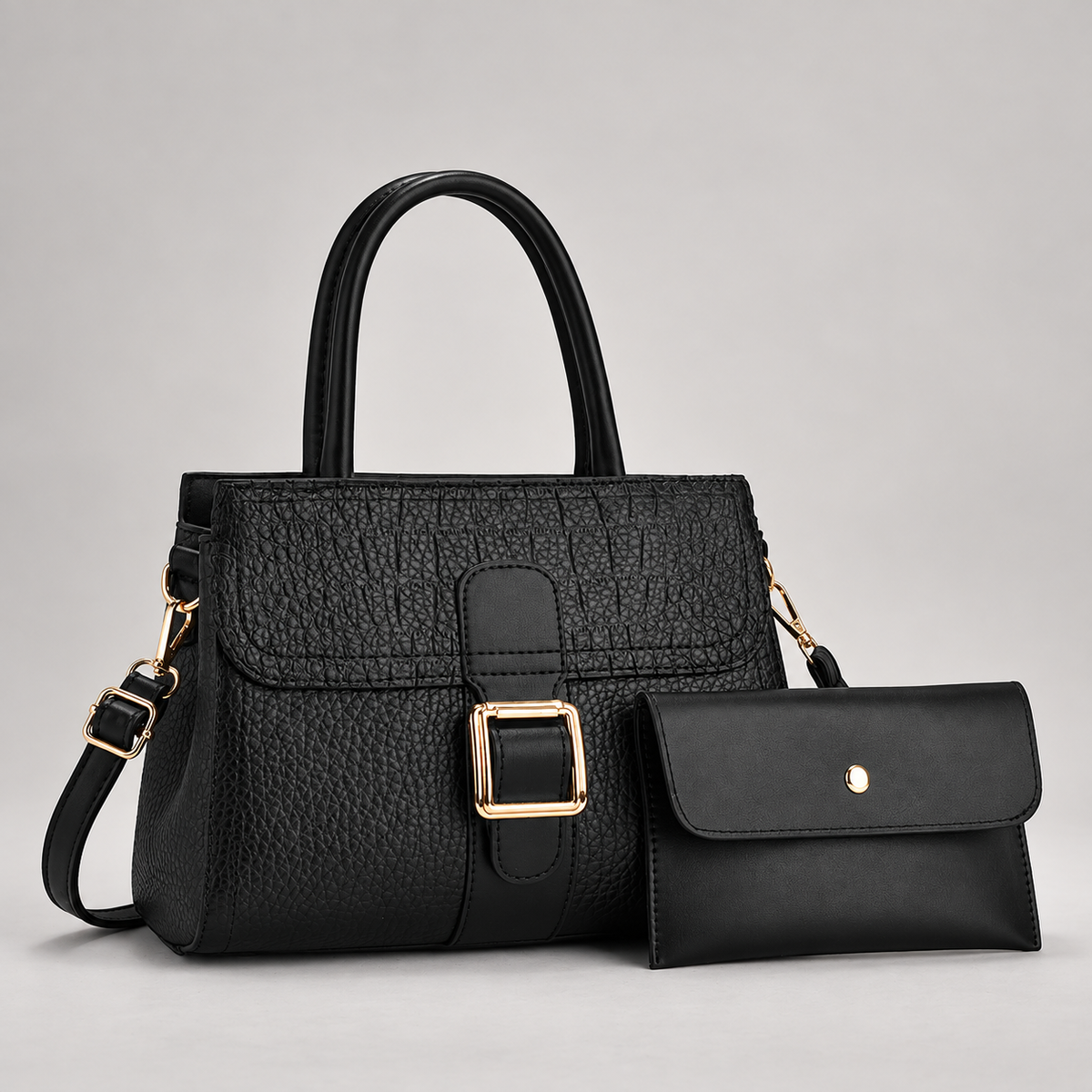 Ginevra Textured Satchel Bag with Gold-Tone Buckle and Pouch