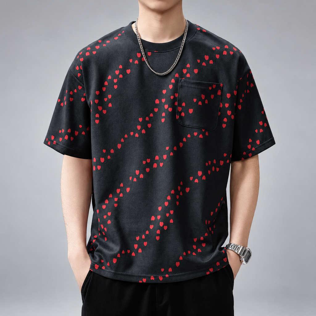 Florent Men’s Relaxed Fit Heart Pattern T-Shirt