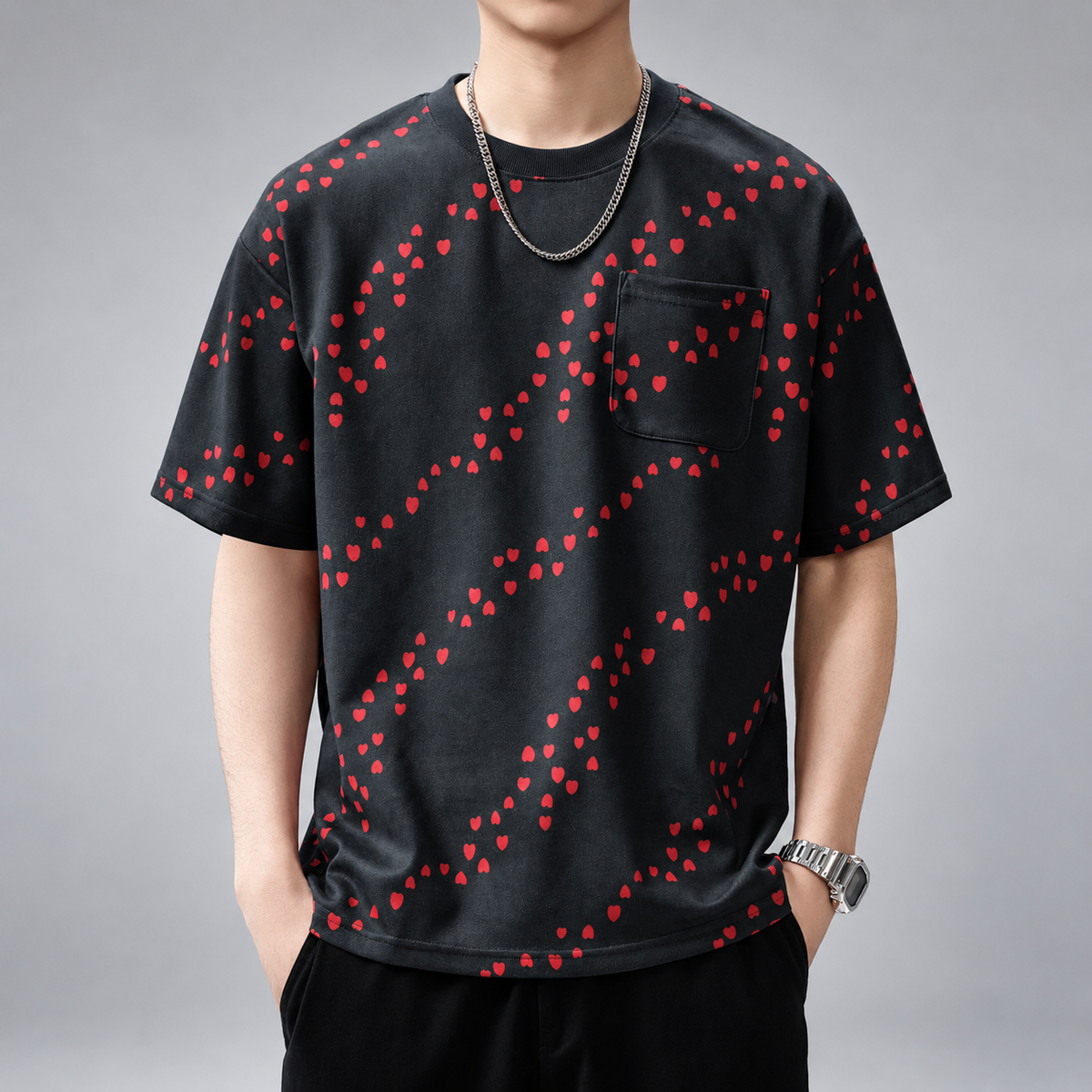 Florent Men’s Relaxed Fit Heart Pattern T-Shirt