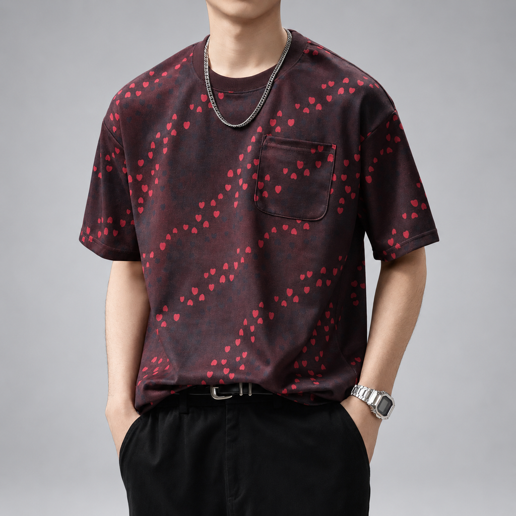Florent Men’s Relaxed Fit Heart Pattern T-Shirt