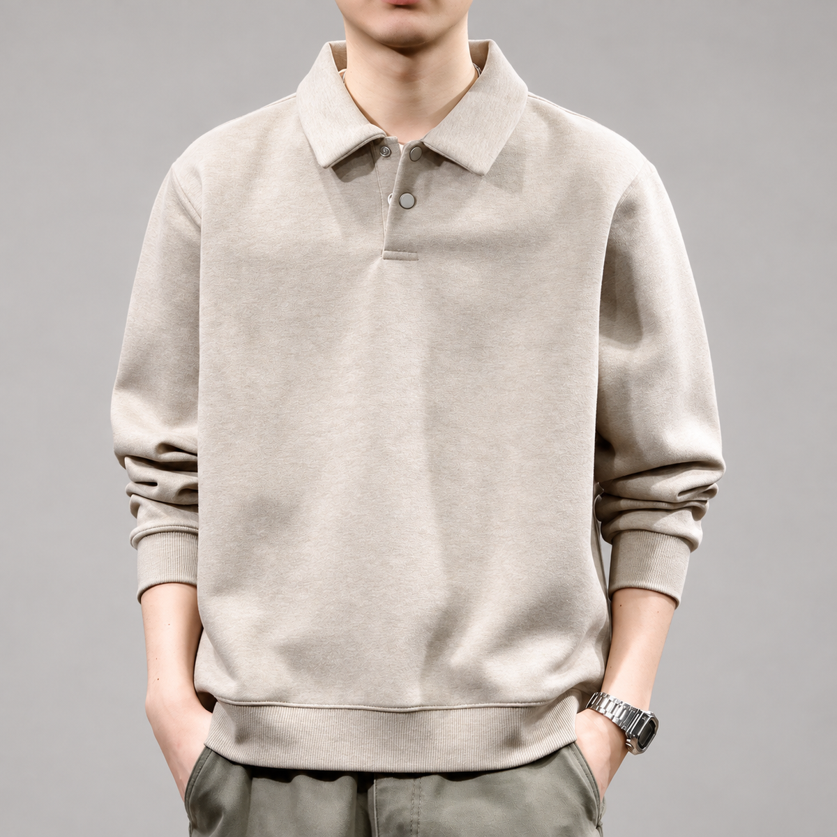 Urban Men's Long Sleeve Snap-Placket Polo Sweatshirt