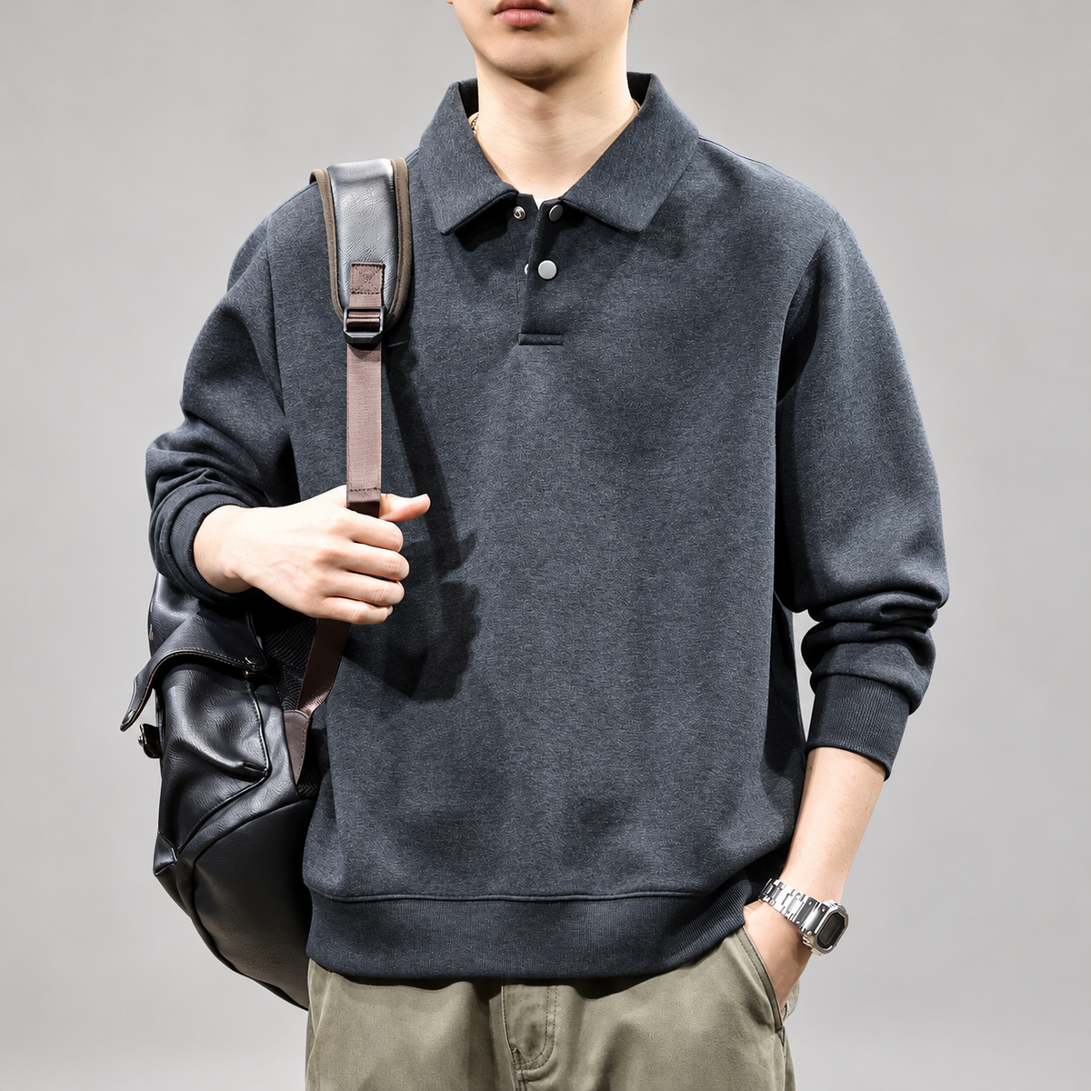 Urban Men's Long Sleeve Snap-Placket Polo Sweatshirt