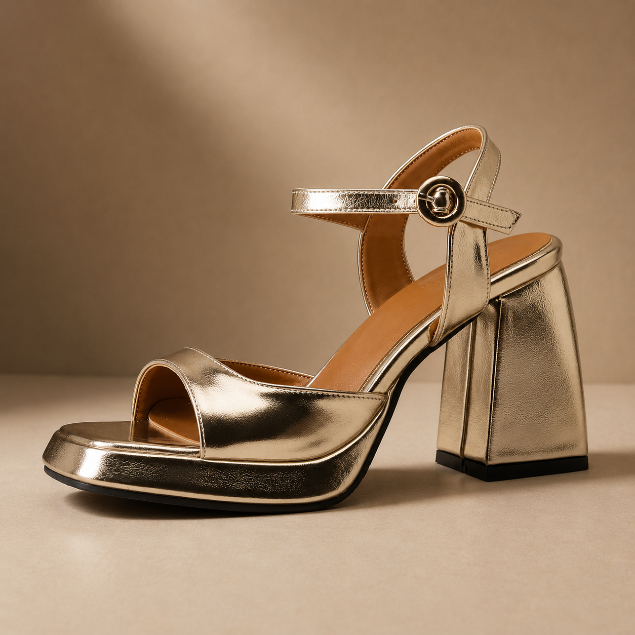 Isabella Women's Metallic Block Heel Sandals – Square Toe Ankle Strap Heels