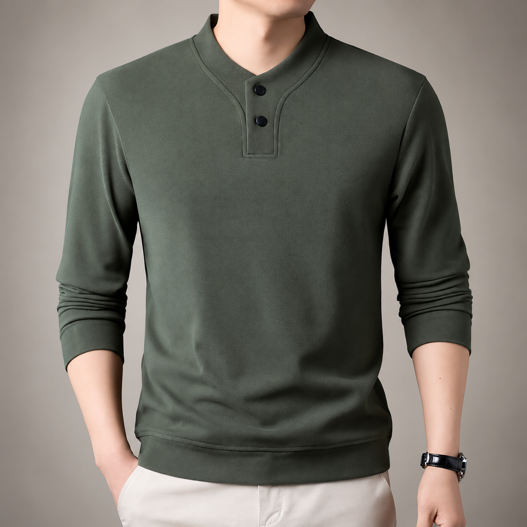 Laurent Men’s Long-Sleeve Henley Shirt with Stand Collar and Two-Button Placket