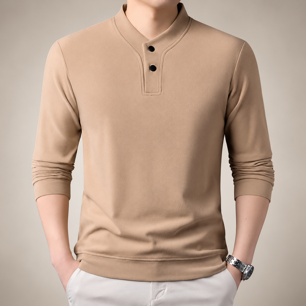 Laurent Men’s Long-Sleeve Henley Shirt with Stand Collar and Two-Button Placket