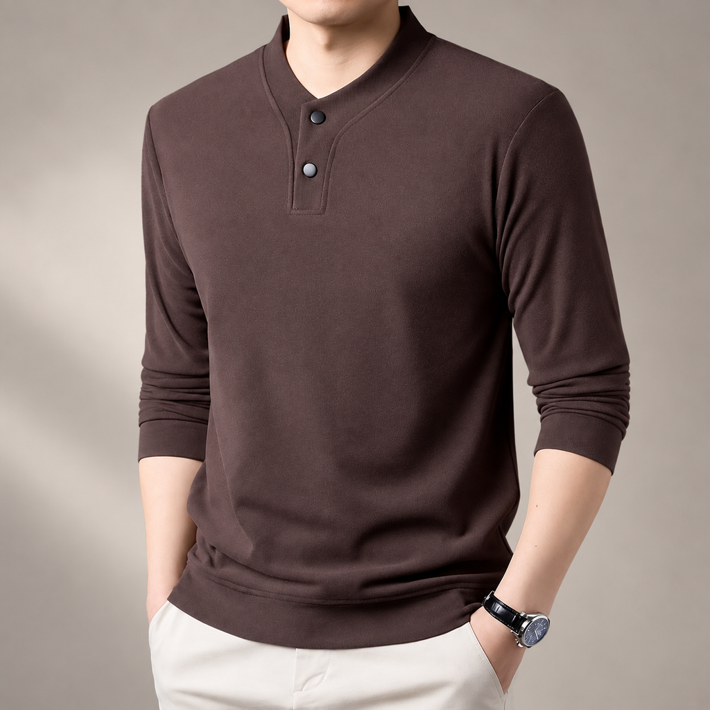 Laurent Men’s Long-Sleeve Henley Shirt with Stand Collar and Two-Button Placket