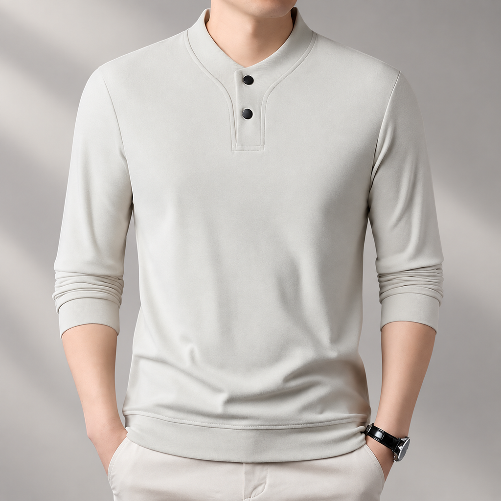 Laurent Men’s Long-Sleeve Henley Shirt with Stand Collar and Two-Button Placket