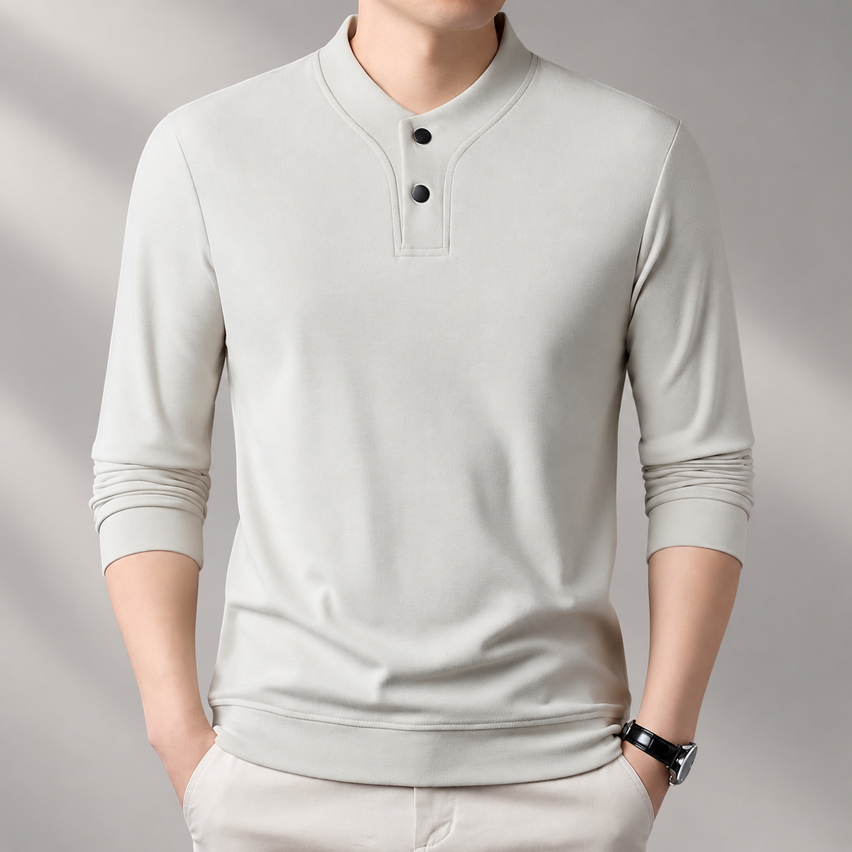Laurent Men’s Long-Sleeve Henley Shirt with Stand Collar and Two-Button Placket