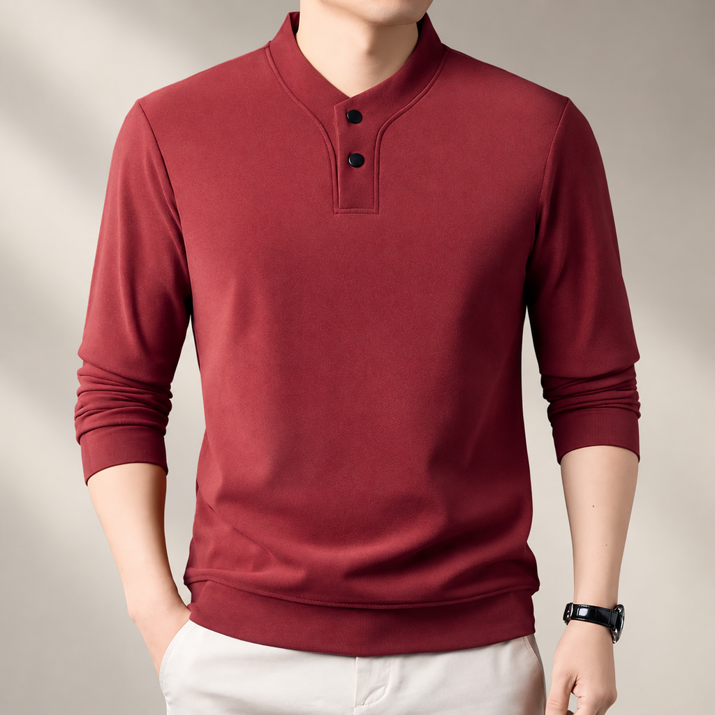 Laurent Men’s Long-Sleeve Henley Shirt with Stand Collar and Two-Button Placket