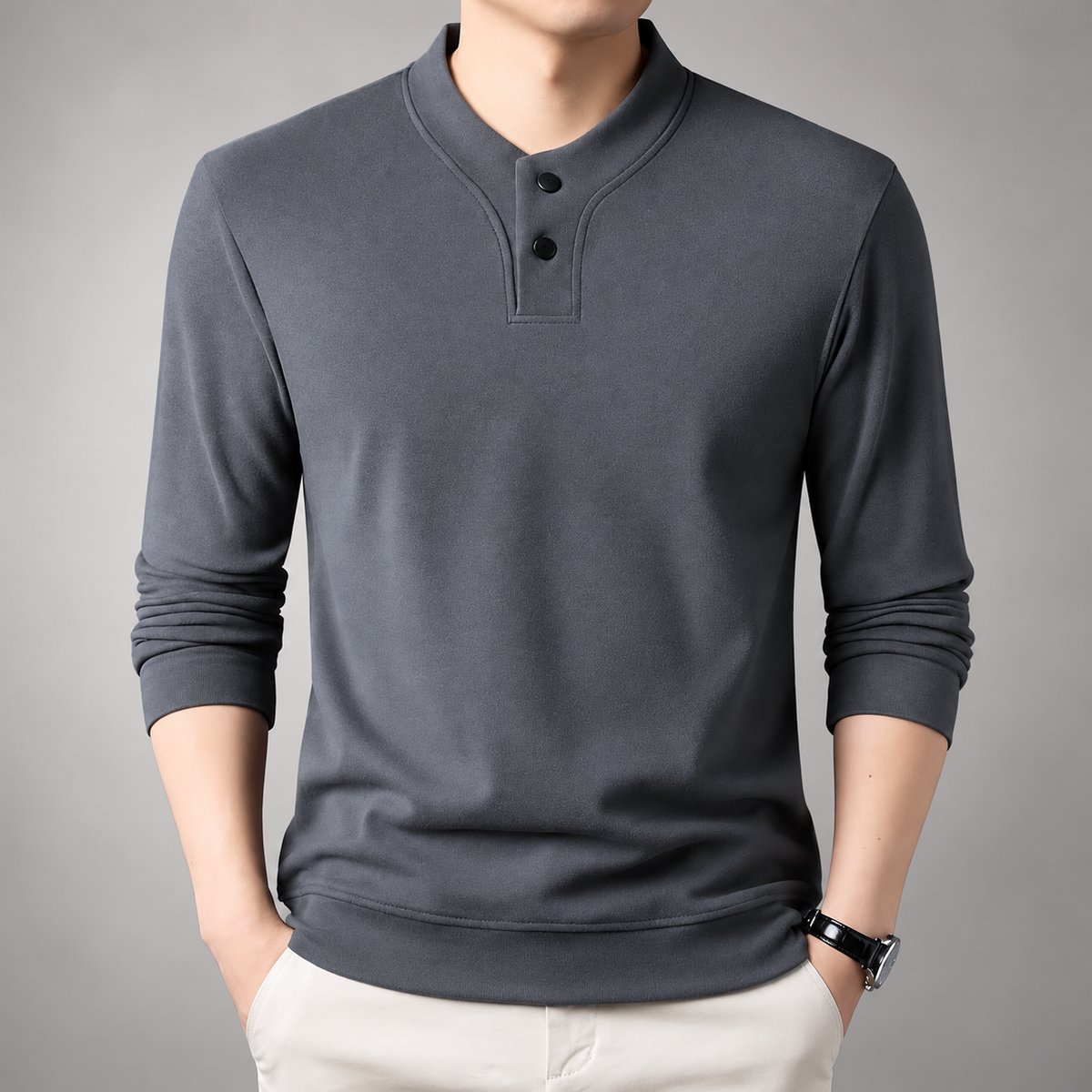 Laurent Men’s Long-Sleeve Henley Shirt with Stand Collar and Two-Button Placket