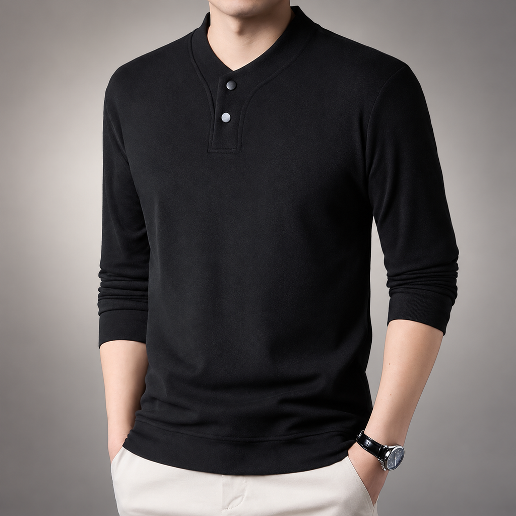 Laurent Men’s Long-Sleeve Henley Shirt with Stand Collar and Two-Button Placket