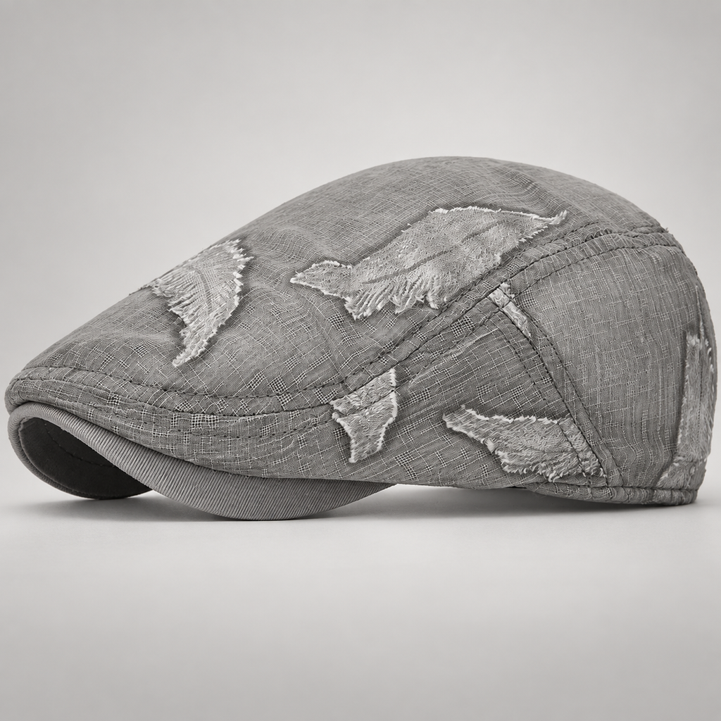 Leighton Distressed Patch Flat Cap with Frayed Details