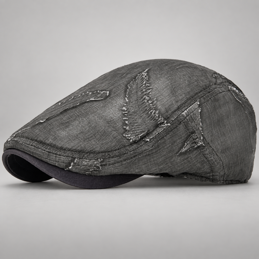Leighton Distressed Patch Flat Cap with Frayed Details