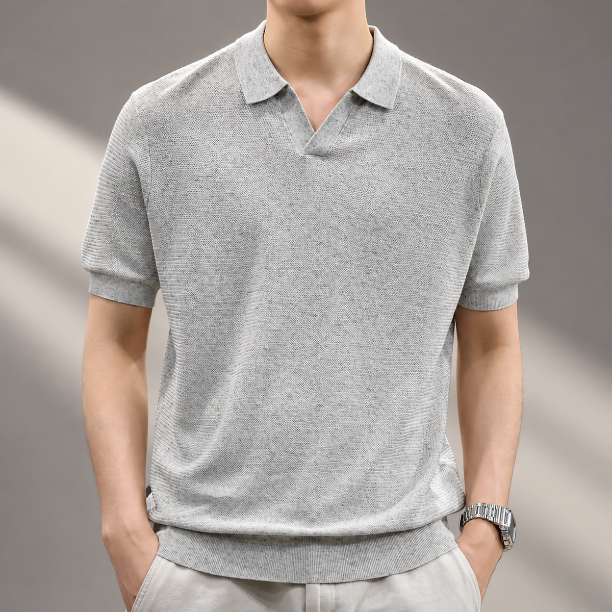 Lorenzo Men's Textured Knit Short Sleeve Polo Shirt