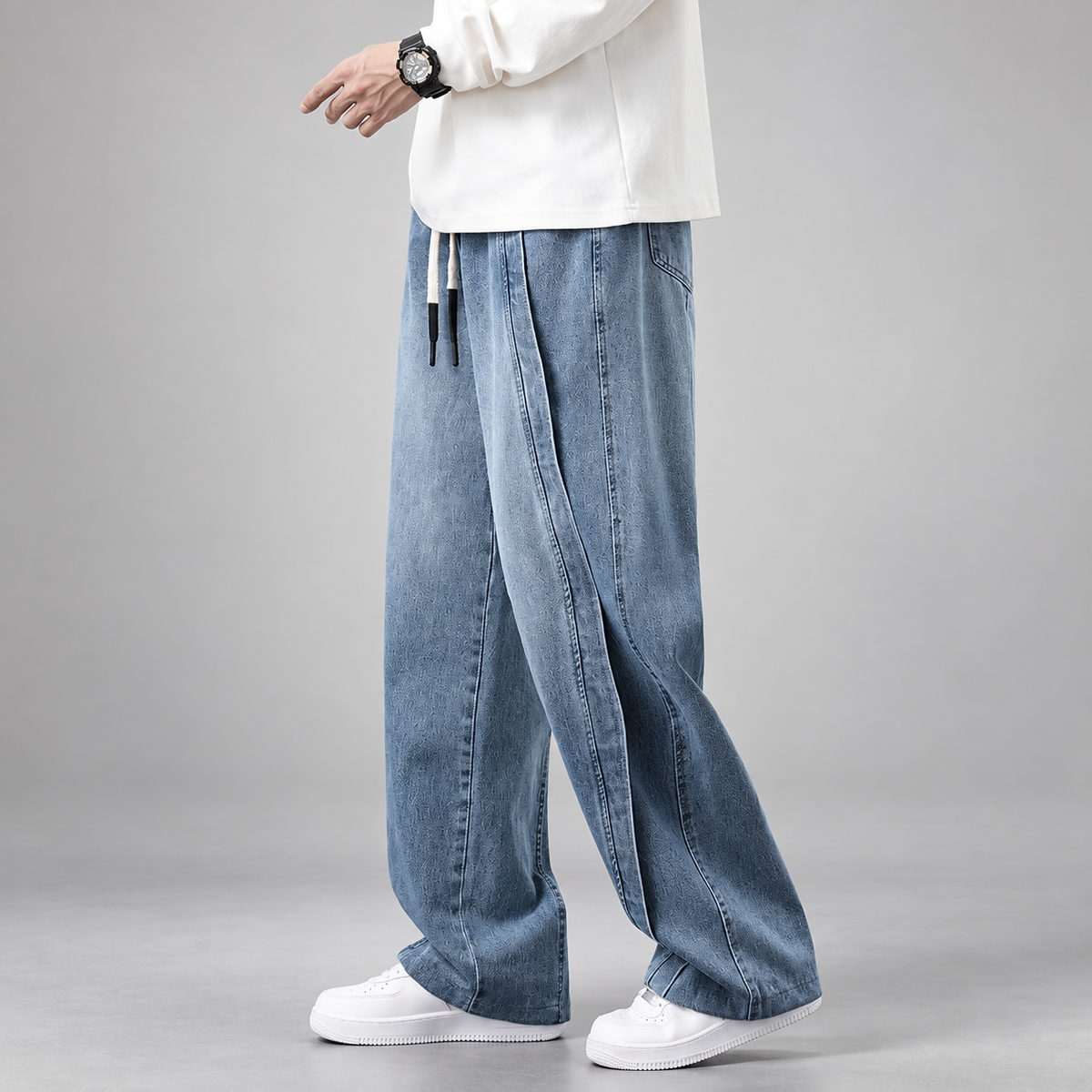 Lorenzo Men’s Washed Wide-Leg Drawstring Jeans