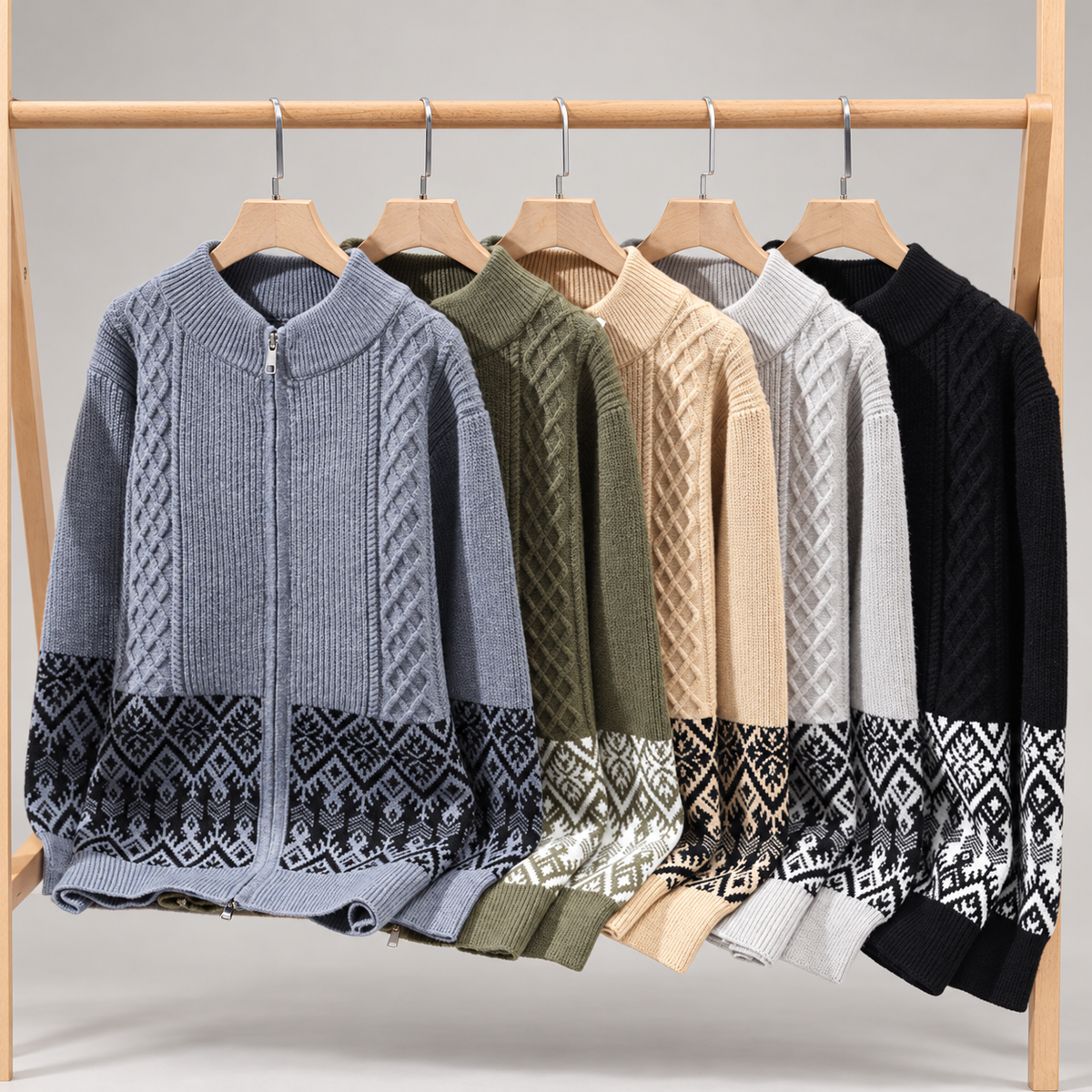 Luca Cable Knit Zip Cardigan with Geometric Pattern