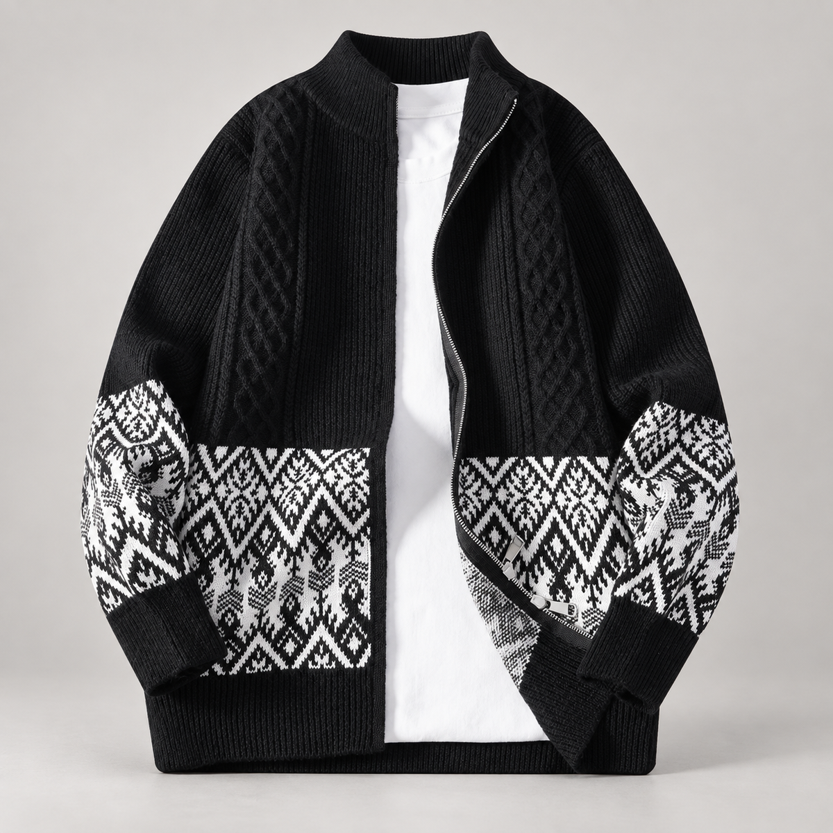 Luca Cable Knit Zip Cardigan with Geometric Pattern