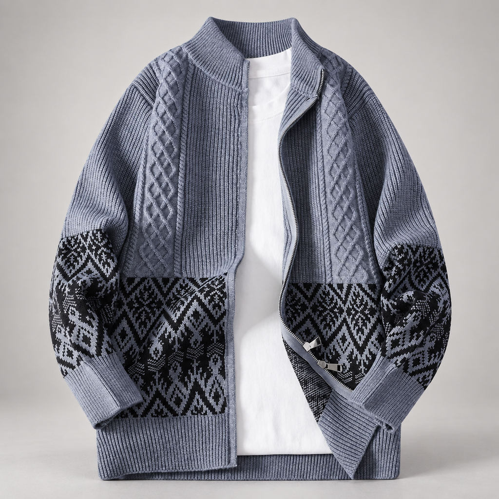 Luca Cable Knit Zip Cardigan with Geometric Pattern