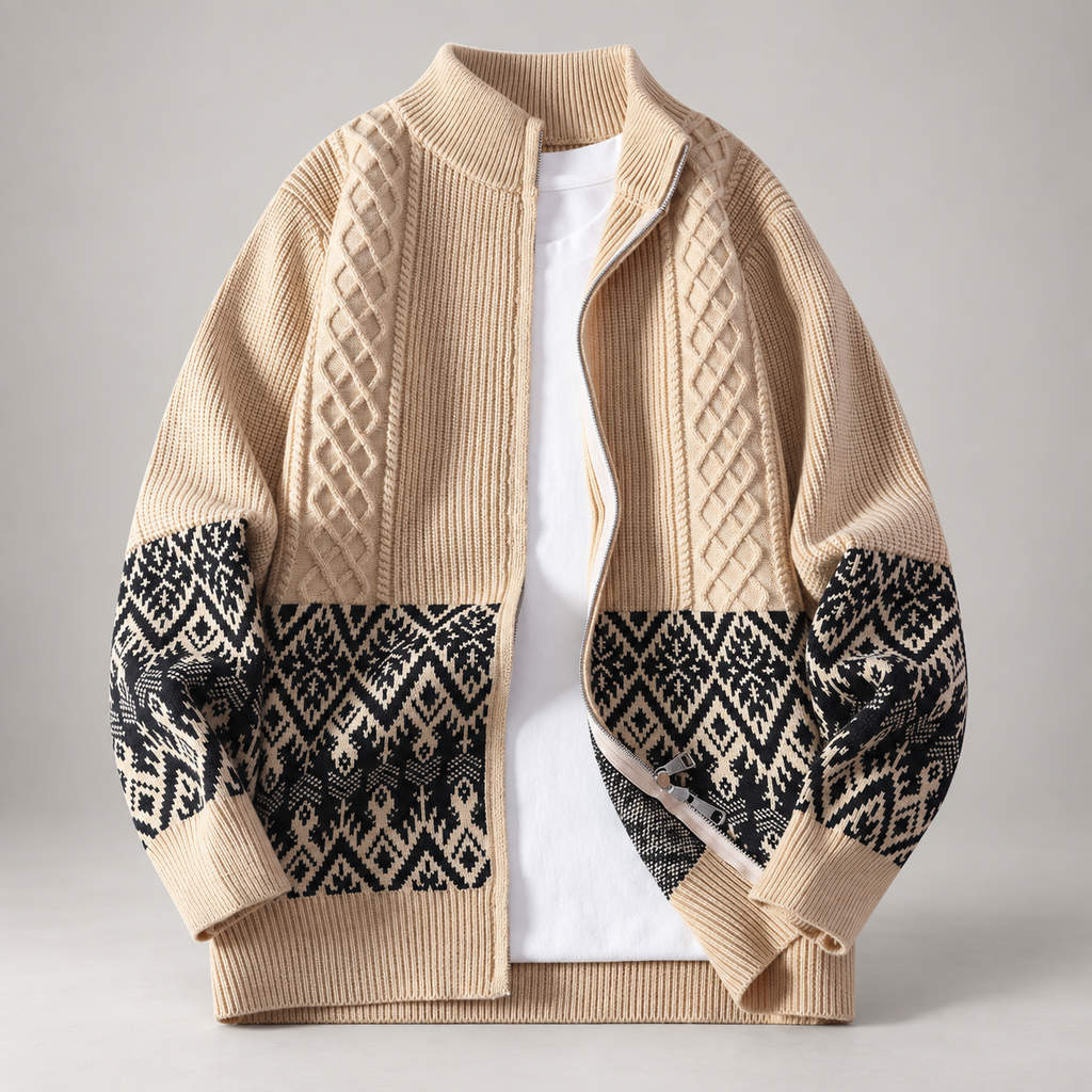 Luca Cable Knit Zip Cardigan with Geometric Pattern