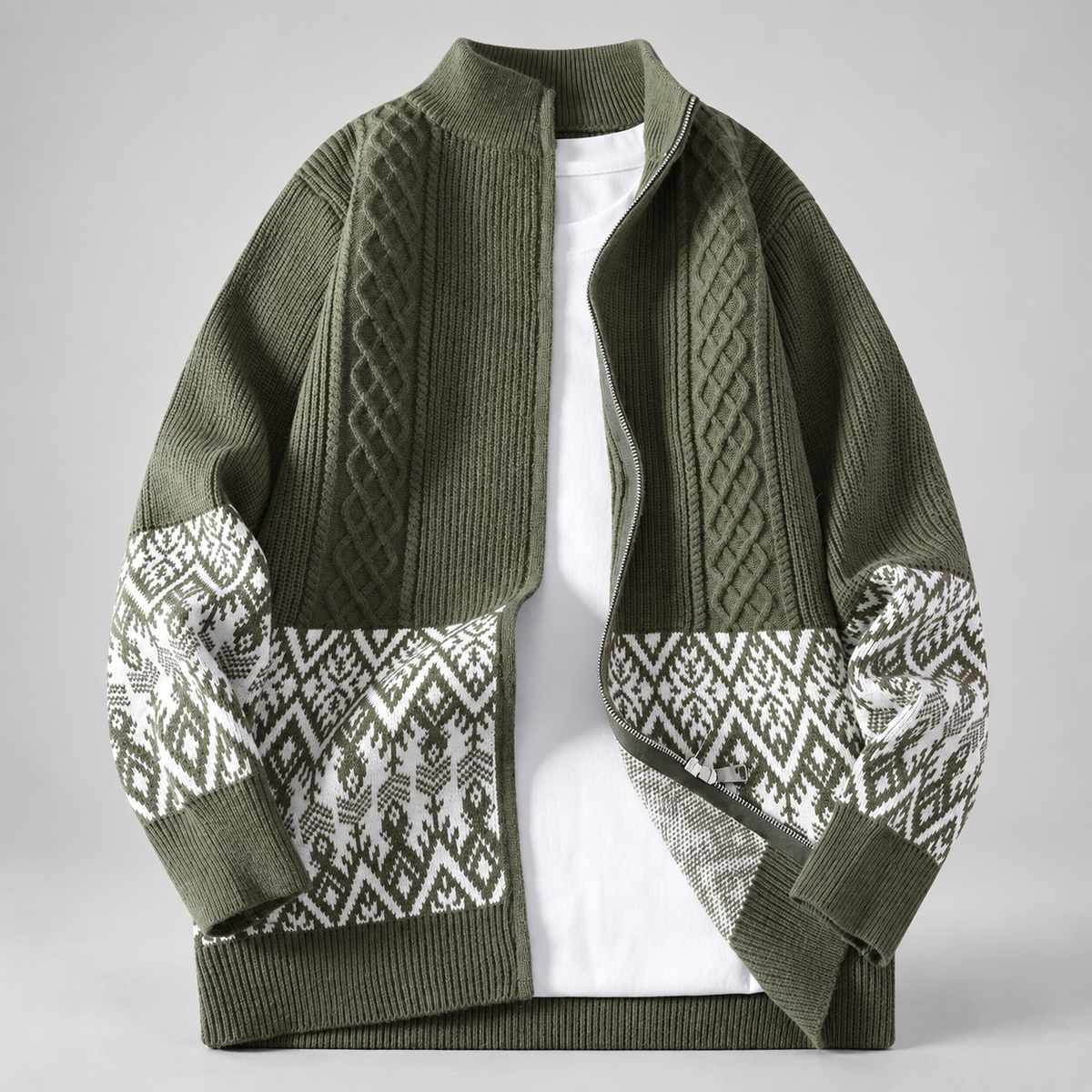 Luca Cable Knit Zip Cardigan with Geometric Pattern