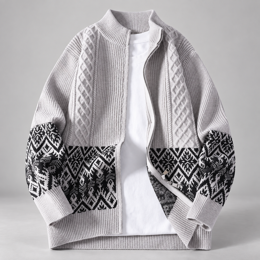 Luca Cable Knit Zip Cardigan with Geometric Pattern