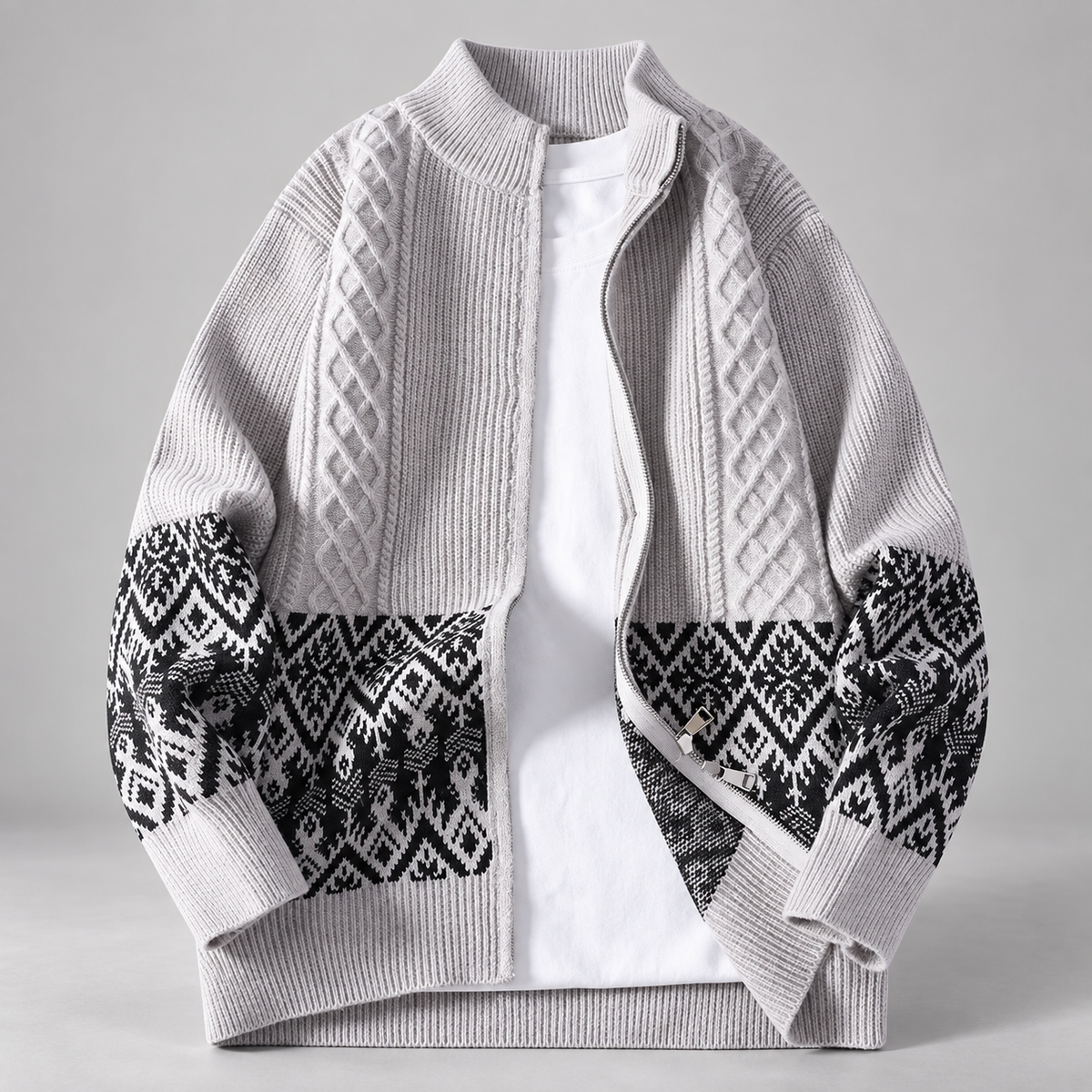 Luca Cable Knit Zip Cardigan with Geometric Pattern