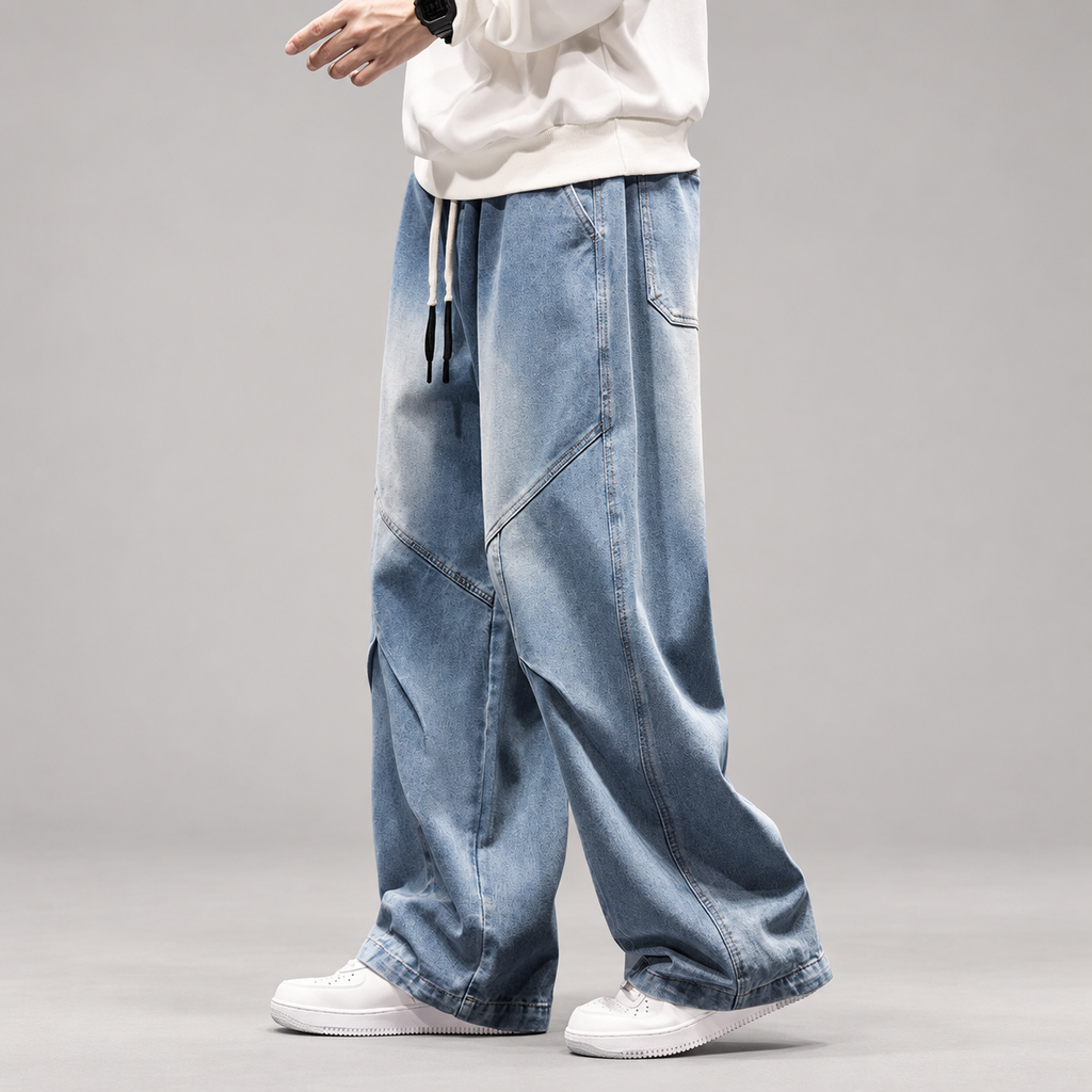 Lucien Men’s Wide-Leg Drawstring Jeans with Angled Panel Seams