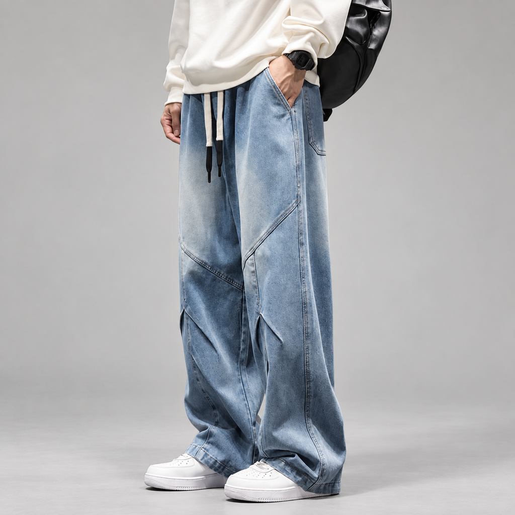 Lucien Men’s Wide-Leg Drawstring Jeans with Angled Panel Seams