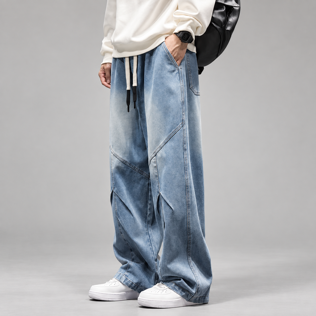 Lucien Men’s Wide-Leg Drawstring Jeans with Angled Panel Seams