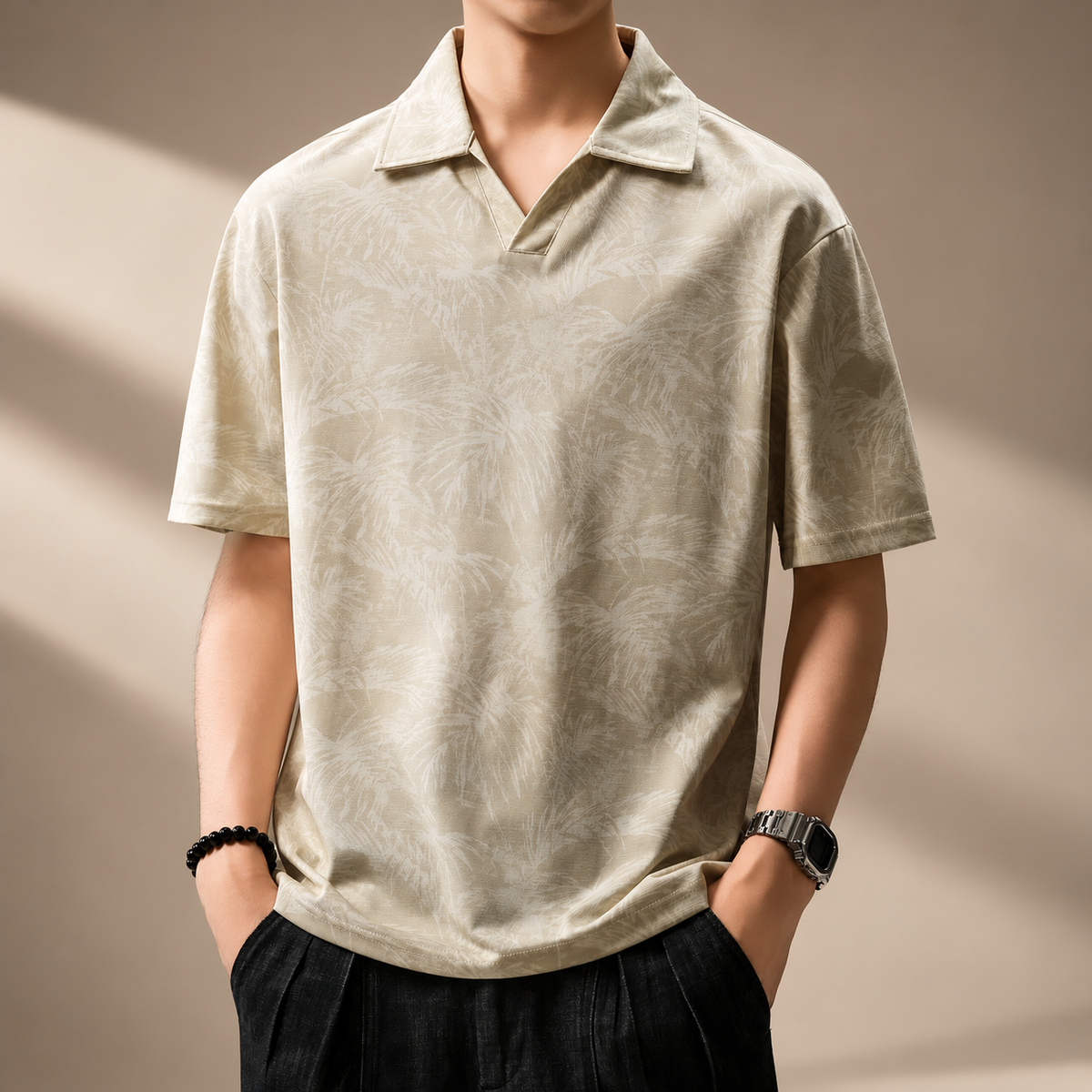 Lucien Men's Botanical Pattern Open Collar Polo Shirt