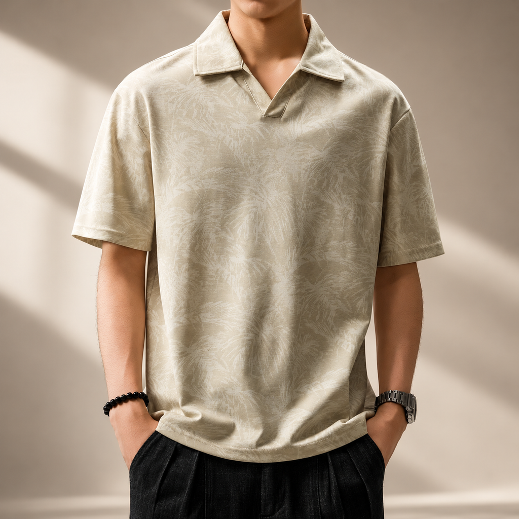 Lucien Men's Botanical Pattern Open Collar Polo Shirt