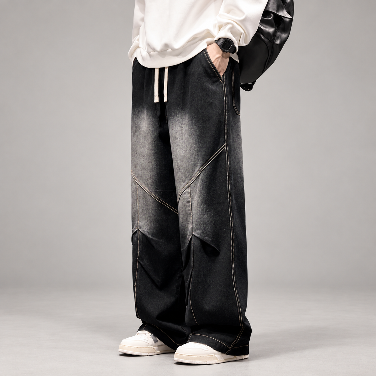 Lucien Men’s Wide-Leg Drawstring Jeans with Angled Panel Seams