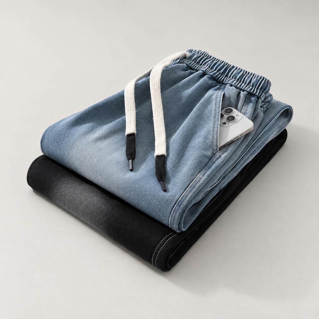 Lucien Men’s Wide-Leg Drawstring Jeans with Angled Panel Seams