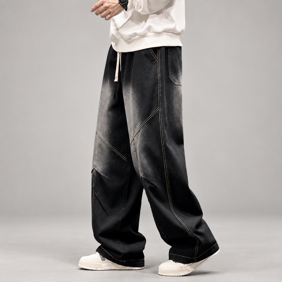 Lucien Men’s Wide-Leg Drawstring Jeans with Angled Panel Seams
