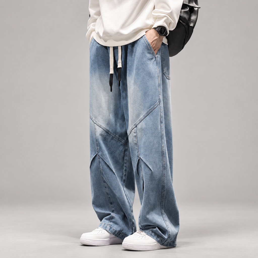 Lucien Men’s Wide-Leg Drawstring Jeans with Angled Panel Seams